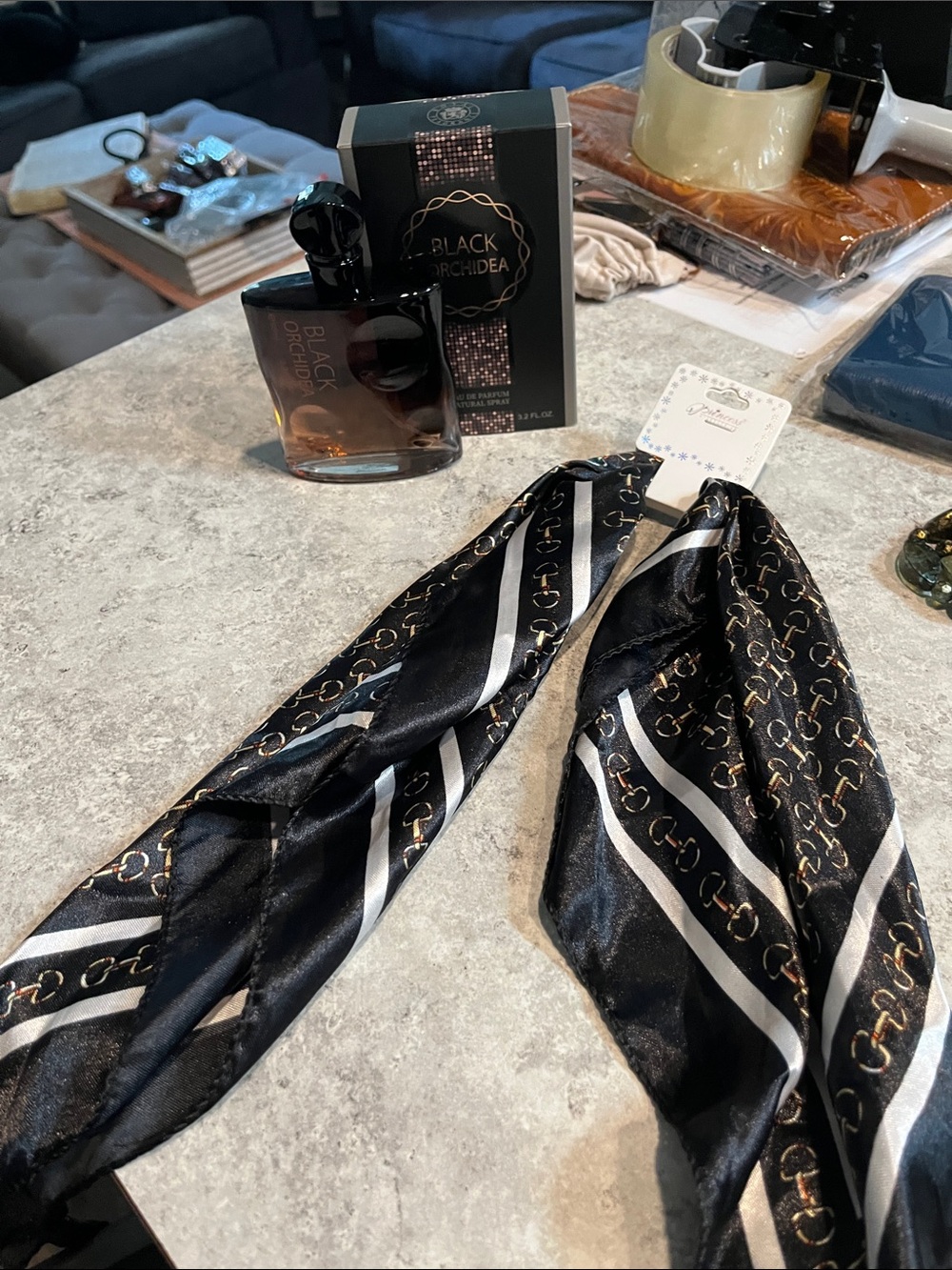 Black Patterned Silk Scarf for Men - Black Orchid